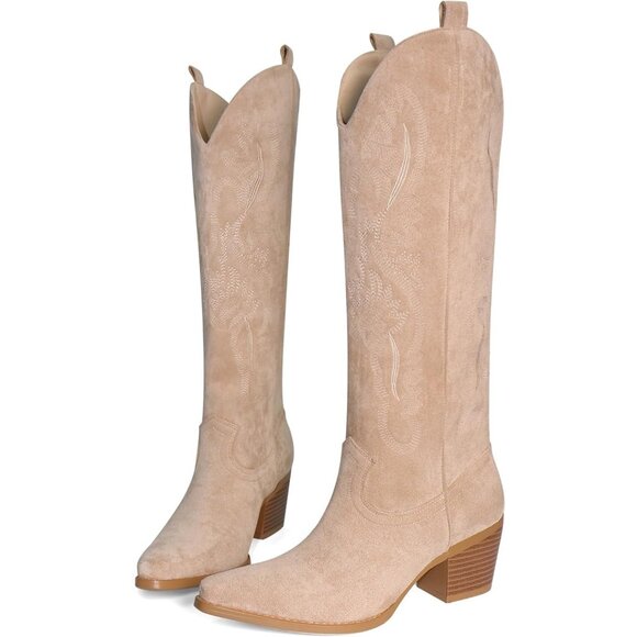Women's Beige UBWDU Suede Cowboy Knee High Boots Pointed Toe Heel Embroidered - Picture 3 of 6